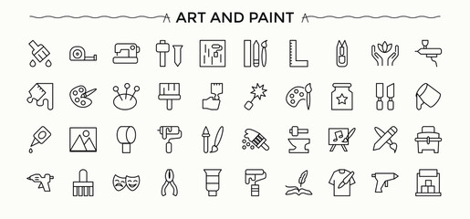 Art And Paint linear icon set. Included paintbrush, sketch, draw, creative, artwork and more. Paint line icon set. Thin icons set. Editable stroke vector art.