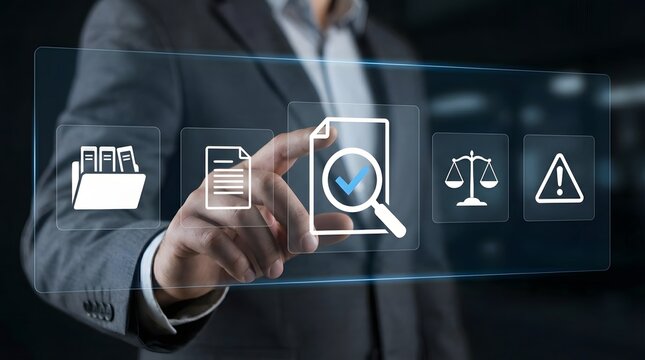 Business professional touching digital search icon with legal and financial symbols for corporate strategy and data analysis