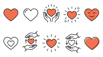 Love and Care Icon Set &ndash; Heart Symbols, Charity, Support and Relationship Outline Vector Collection