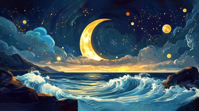 A crescent moon illuminates the night sky over a tranquil ocean with gentle waves and distant stars