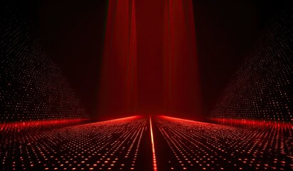 Abstract Red Light Tunnel with Glowing Particles and Futuristic Grid Floor.