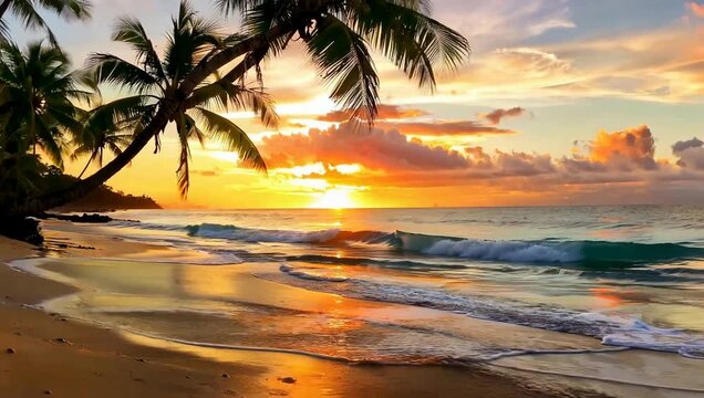 Cinematic summer scene with soft golden sunset light over a tropical beach, gentle ocean waves moving slowly, palm leaves swaying in warm breeze, elegant slow motion, warm color grading, shallow depth