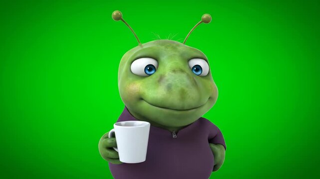 Cute alien character holding a coffee cup on a green screen background