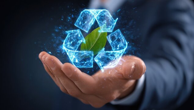 Digital Recycling Symbol Held in Hand Representing Environmental Sustainability.