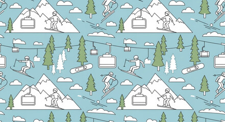 Seamless Pattern with Ski Resort Mountains and Pine Trees. © Aji