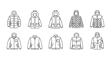 Outline drawings of various winter jackets and coats with hoods. © Aji