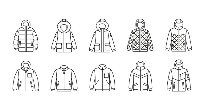 Outline drawings of various winter jackets and coats with hoods.