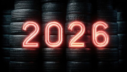 Glowing Neon Number 2026 Illuminated Against a Dark Background of Tires.