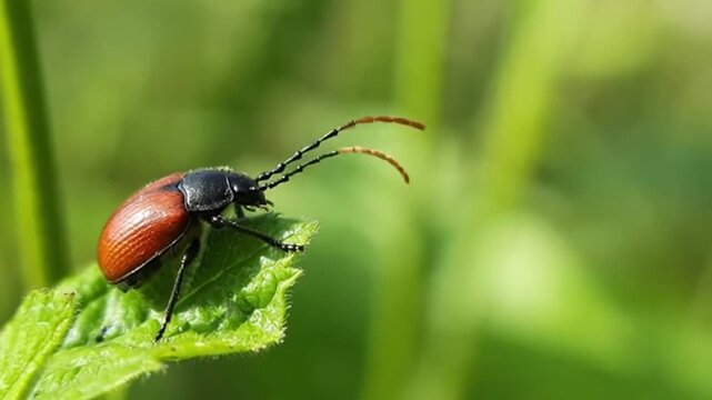 Close up shot of a red beetle on a green leaf