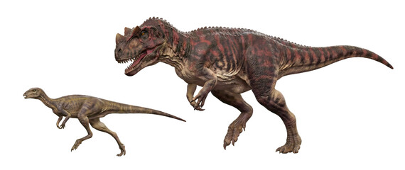 Fototapeta premium Ceratosaurus nasicornis chasing a smaller dinosaur prey, prehistoric hunting behavior, dynamic predator scene, detailed digital illustration isolated on transparent background.