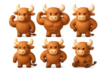Fototapeta premium Cute cartoon bull characters showing different poses and emotions