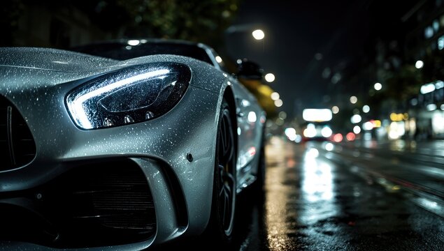 Luxury Sports Car Gleaming on Wet City Street at Night.