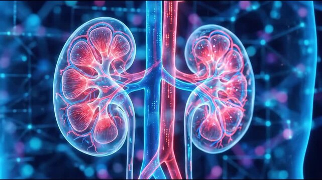 Glowing human kidneys and renal blood vessels on a digital background, suitable for medical education, healthcare presentations, scientific research, and biology concepts.