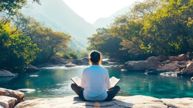 Peaceful moment of individual deep in thought, reading book by tranquil river, embraced by lush forest landscape.