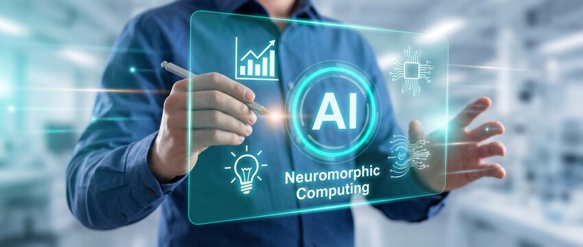 Businessman interacting with AI neuromorphic computing interface