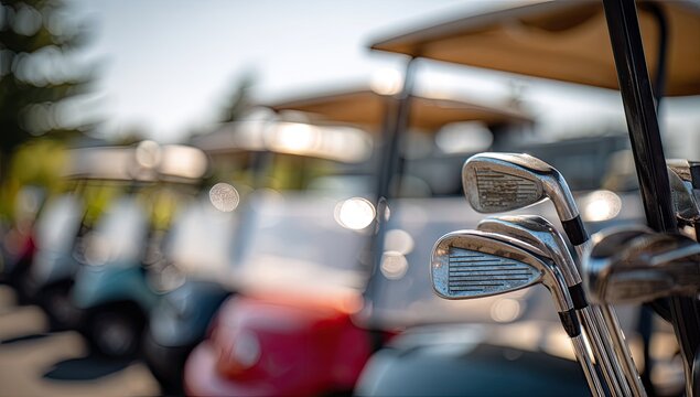 Golf Clubs and Carts Lined Up on a Course Ready for Play.