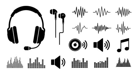 Audio icons set with headphones sound waves and equalizer bars