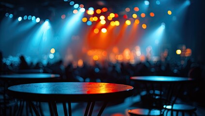 Concert Hall Stage Lights and Empty Tables Before Show.