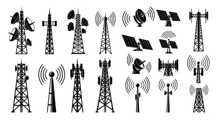 Antenna icons set for telecommunication and radio signal