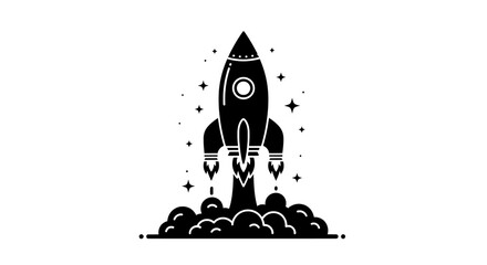 Rocket ship launch silhouette with stars and exhaust cloud