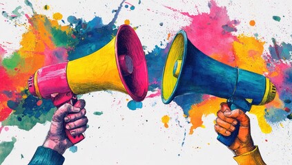 Two Megaphones with Colorful Paint Splashes Representing Communication and Expression.
