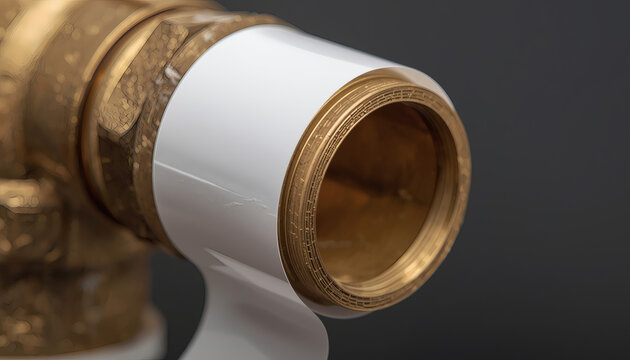 White teflon tape on brass plumbing pipe thread. Leak prevention detail.