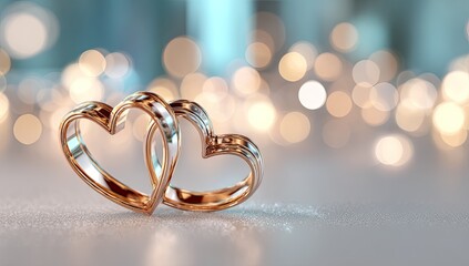 Two Intertwined Heart-Shaped Wedding Rings with Bokeh Lights Background.