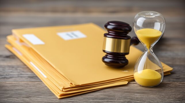 Legal Deadline and Judicial Process: Gavel, Envelopes, and Sand Timer