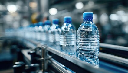Bottles of Water on a Conveyor Belt in a Factory.