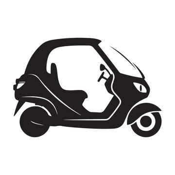 Stylized Black Vector Icon of Modern Compact Urban Three-Wheeled Vehicle