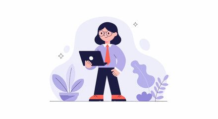 Obraz premium Person in glasses, tie, and shirt holding a laptop, with plants