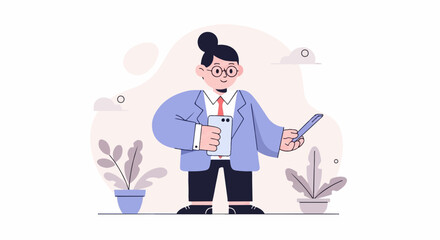 Fototapeta premium Person in suit holding two phones, with plants and clouds
