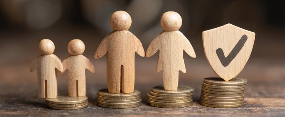 Family Security and Financial Protection Represented by Wooden Figures on Coins with Shield.