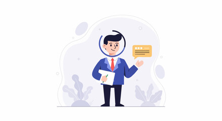 A smiling man in a suit holding a paper and pen, with a chat bubble