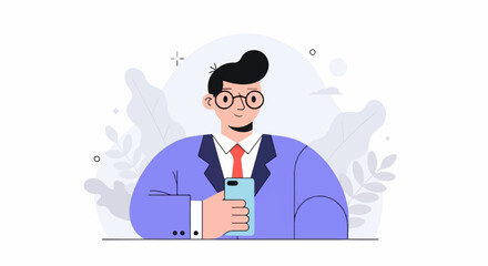 Stylized person in a suit holding a mobile device