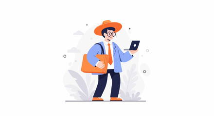 Stylish man with hat, laptop, and bag, modern flat illustration