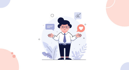 Cheerful person with arms outstretched, surrounded by icons of communication and growth