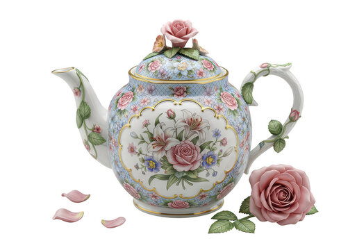 Ornate porcelain teapot with rose details and scattered petals on transparent background