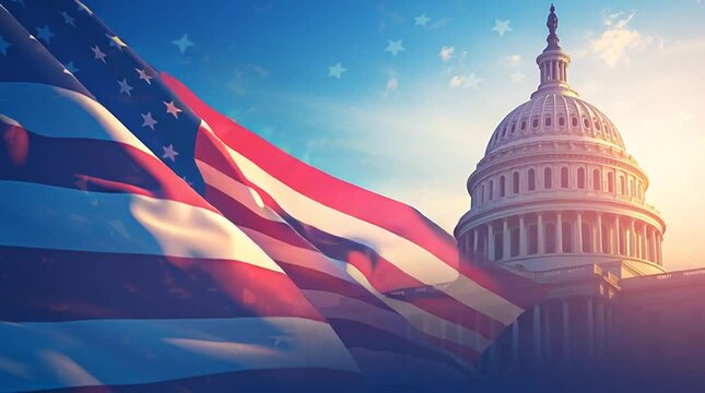 American flag waving in front of US Capitol building at sunset. Government and national identity concept.