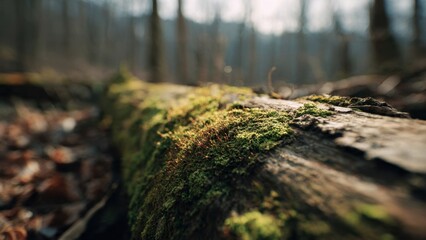 Fototapeta premium Moss-covered log in a sunlit forest