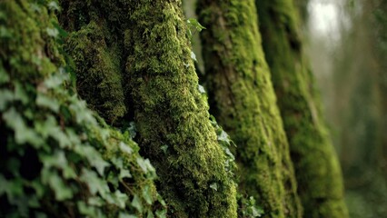 Mossy tree trunks in a lush green forest