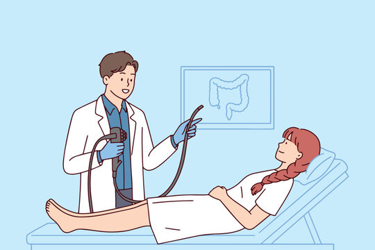 Male doctor explains colonoscopy procedure using endoscope to a young woman. Medical art focused on health screening, cancer prevention, and professional diagnostic hospital checkup.