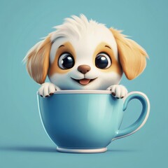 Obraz premium A charming puppy with big eyes sits inside a blue teacup, creating a heartwarming and adorable scene