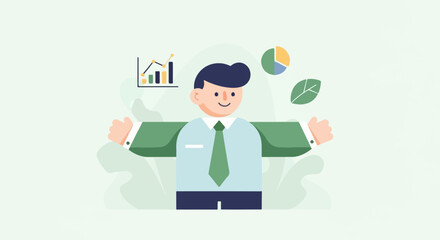 Cartoon man in suit with arms outstretched, surrounded by business graphs and leaves