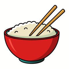 Red bowl with chopsticks filled with fluffy white rice, capturing a simple and elegant culinary delight for traditional asian cuisine enthusiasts