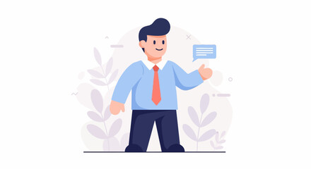 Cheerful man in business attire gives a thumbs-up with a speech bubble indicating communication