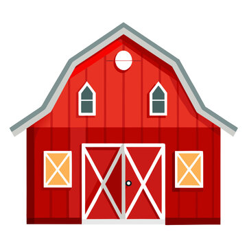 Charming red barn illustration with gambrel roof and white trim featuring crossbuck doors and small windows