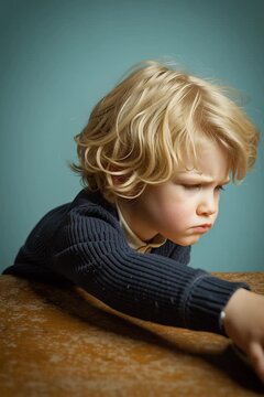 Stubborn toddler refusing healthy vegetables. With an angry expression and stop hand gesture, this studio video  on a teal background shows picky eating, nutrition challenges, and defiance.