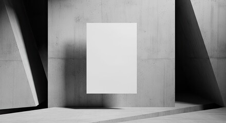 Blank poster mockup in a minimalist concrete architectural setting with abstract shadows and light