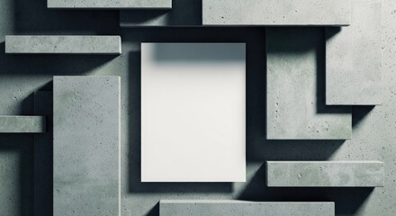 Contemporary concrete wall with a blank white poster frame mockup and striking geometric shadows
